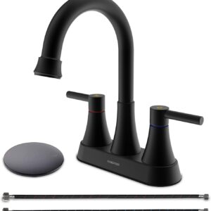 4 inch 2-Handle Centerset Faucets Bathroom Sink Faucet with Pop Up Drain,360 Swivel Spout,Stainless Steel Lead-Free Sink Faucet with 2 Water Supply Lines for Bathroom Sink 2-3 Holes (Matte Black)