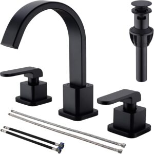 8-Inch Widespread Bathroom Faucet 3 Hole Brass Square Shaped Waterfall Modern Vanity Sink Faucet Swivel Spout 2 Handle with cUPC Water Supply Lines and Overflow Pop Up Drain Included,Matte Black