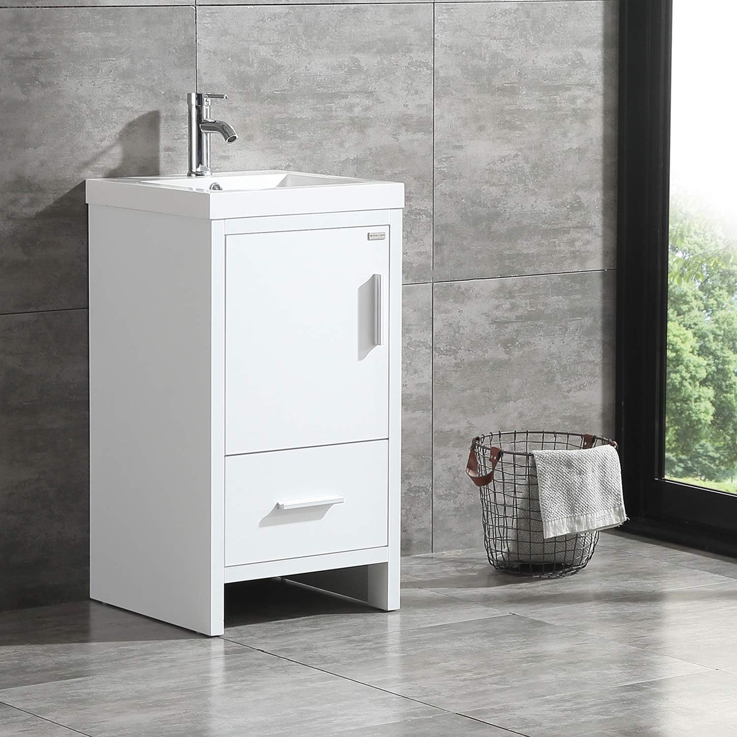 BATHJOY 18inch White Bathroom Vanity MDF Wood Cabinet Resin Counter Top Vessel Sink Set with Faucet and Pop Up Drain