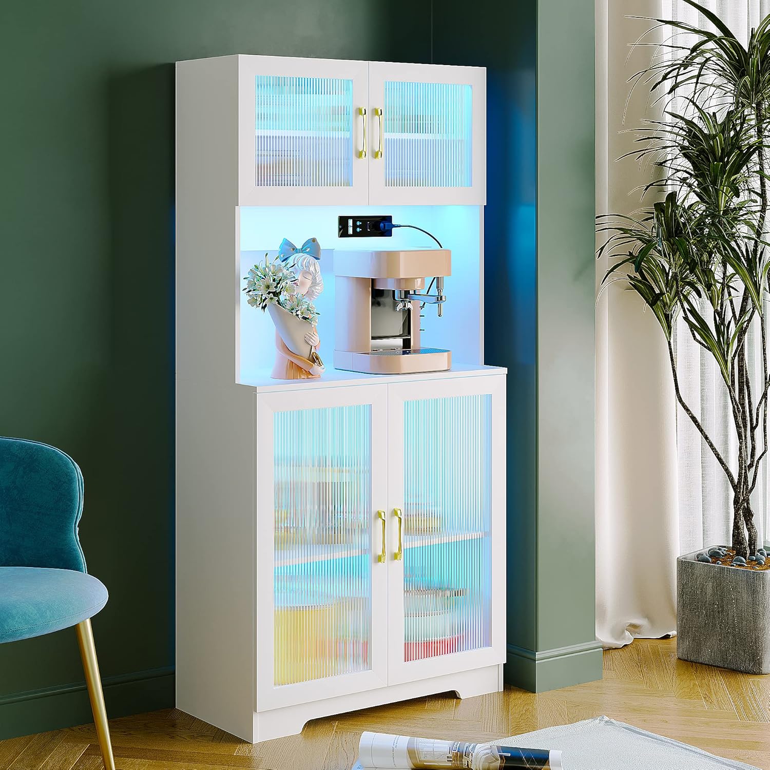 Gurexl 67" Kitchen Storage Cabinet with Auto Sensor LED,Hutch Cabinet with 2 Outlets & 2 USB Ports,Pantry with 2 Cabinet & 1 Large Countertop for Kitchen,White