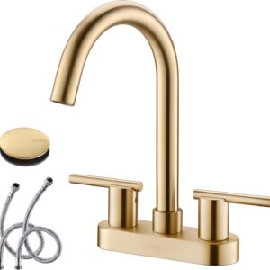 KENES Brushed Gold 4 Inch 2 Handle Centerset Bathroom Faucet, 3 Hole Gold Bathroom Sink Faucet, with Pop Up Sink Drain and Two Water Supply Lines, KE-9019-4