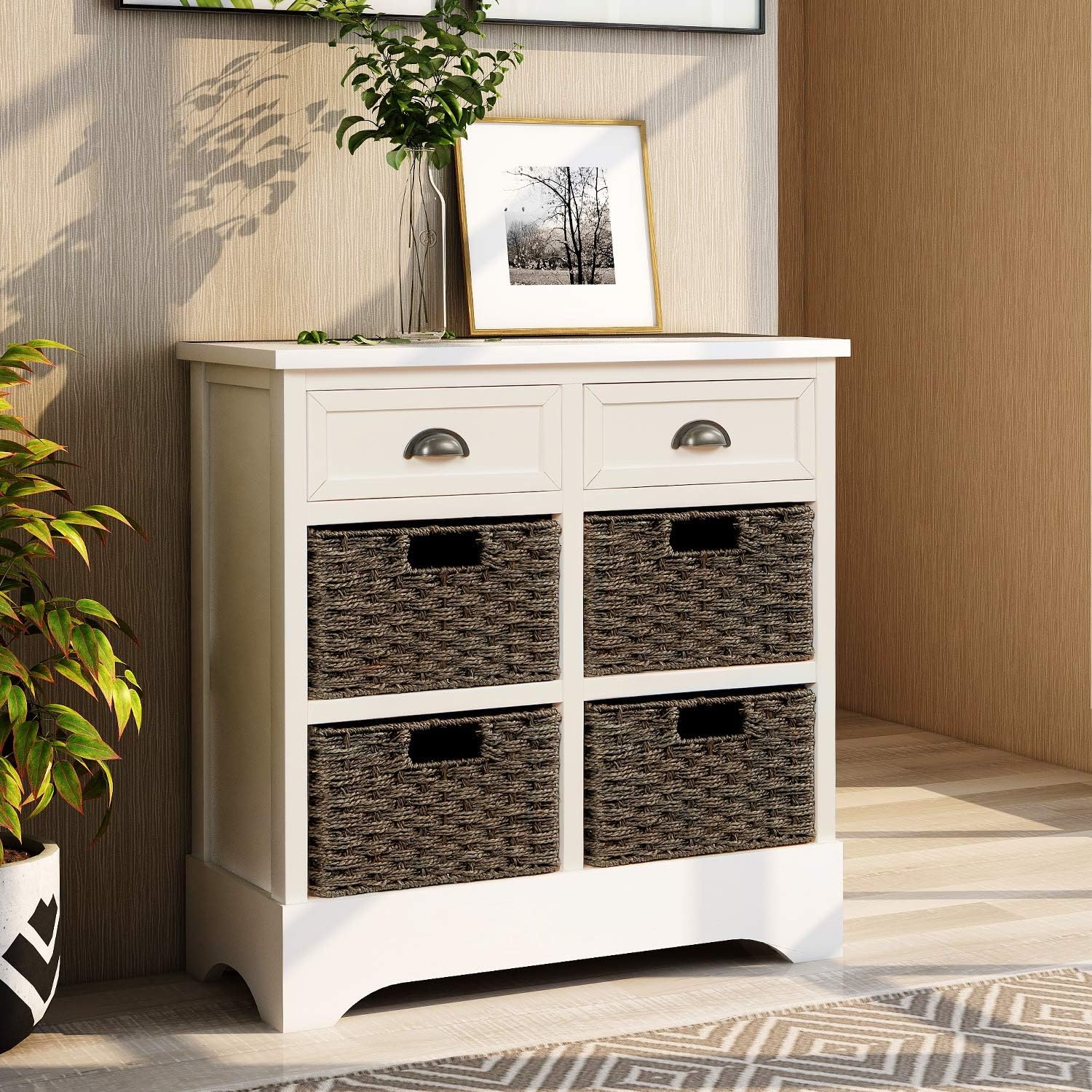 Knocbel Farmhouse Wicker Baskets Storage Cabinet with 2 Drawers and Aluminum Alloy Handles, Decorative Chest of Drawer Console Table for Entryway Hallway Dining Room Living Room (White)