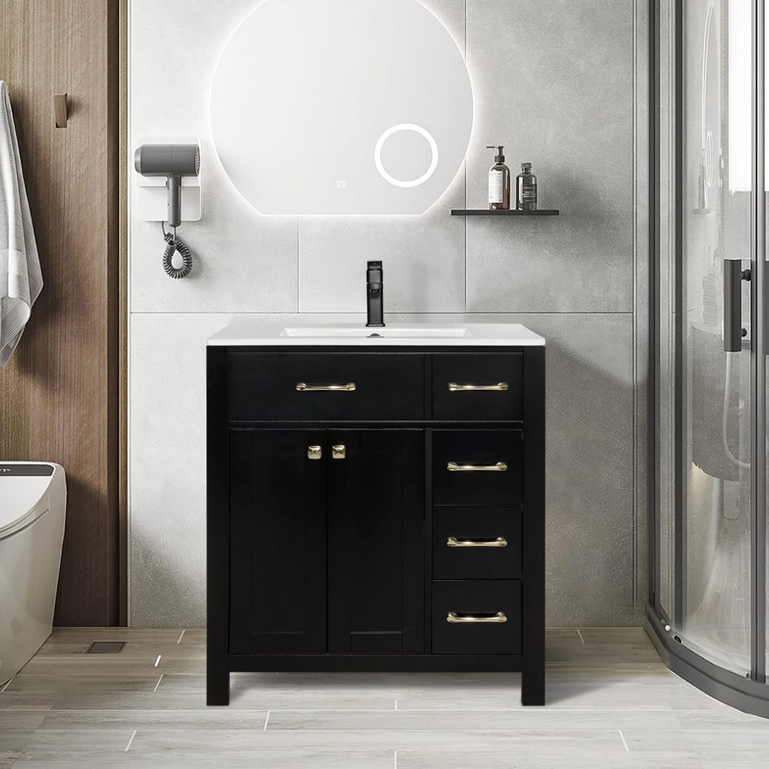 LUCKWIND 30 inch Bathroom Vanity Undermount Sink Cabinet, Modern Bathroom Vanity Cabinet Ceramic Vessel Sink Combo with Matte Black Faucet Drain, 2 Doors & 3 Drawers Without Mirror, Black