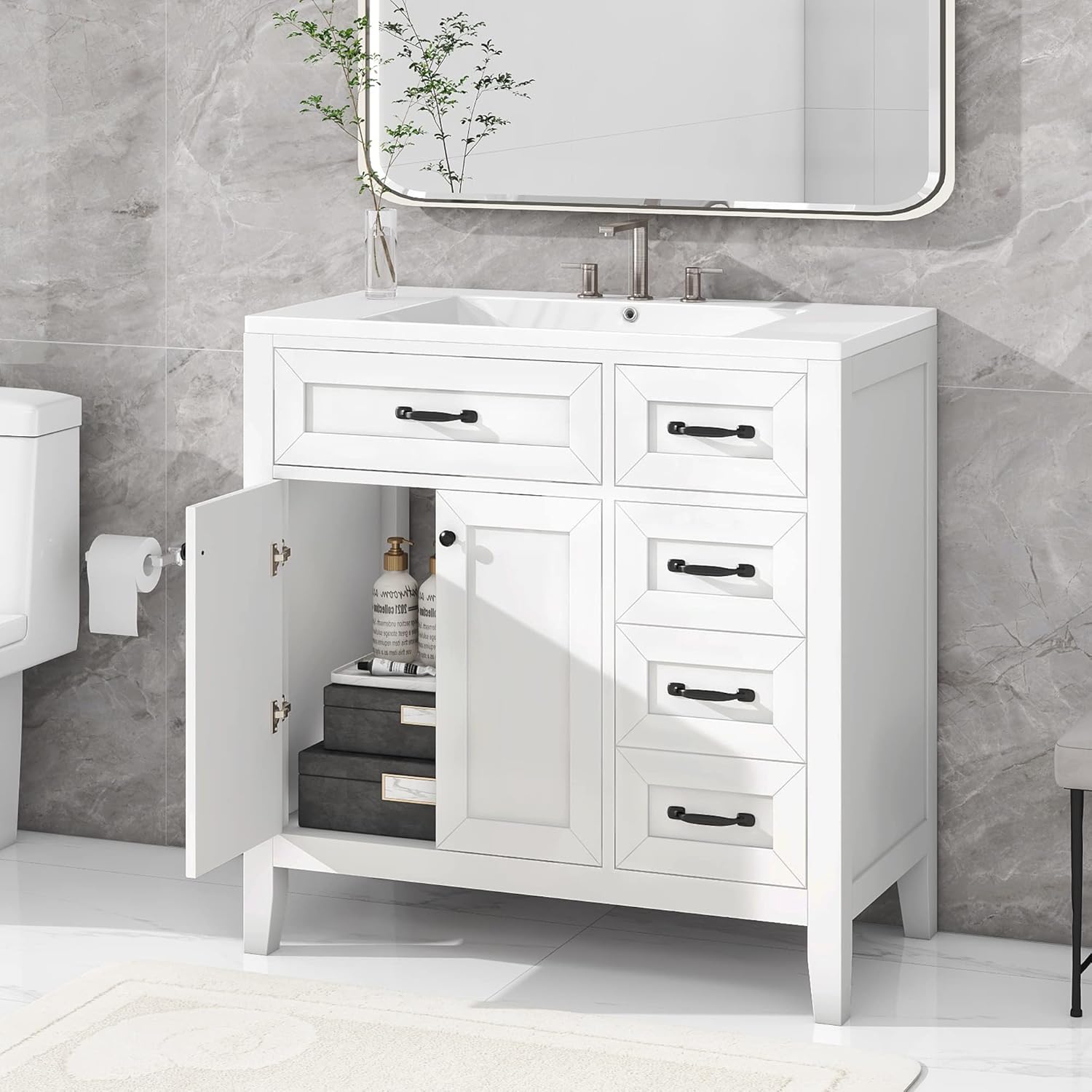 LUMISOL 36" White Bathroom Vanity with Undermount Sink, Modern Bathroom Cabinet with Drawers, Freestanding Bathroom Vanity Combo with Ceramic Sink Top