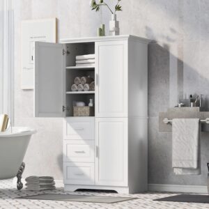 Merax, White Tall Storage Cabinet with Drawers and Doors, Adjustable Shelves, Wide Bathroom Organizer for Bedroom, Living Room or Kitchen