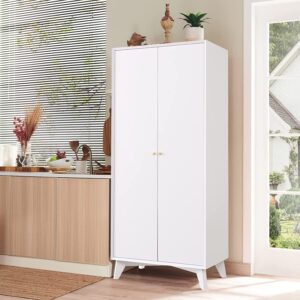 OKD Kitchen Pantry Storage Cabinet, 72" Tall Mid Century Modern Wood Cabinet Organizer w\/Doors Adjustable Shelves, 20" Deep Armoire w\/Hanging Rod for Bedroom, Laundry, Bathroom, Utility Room (White)
