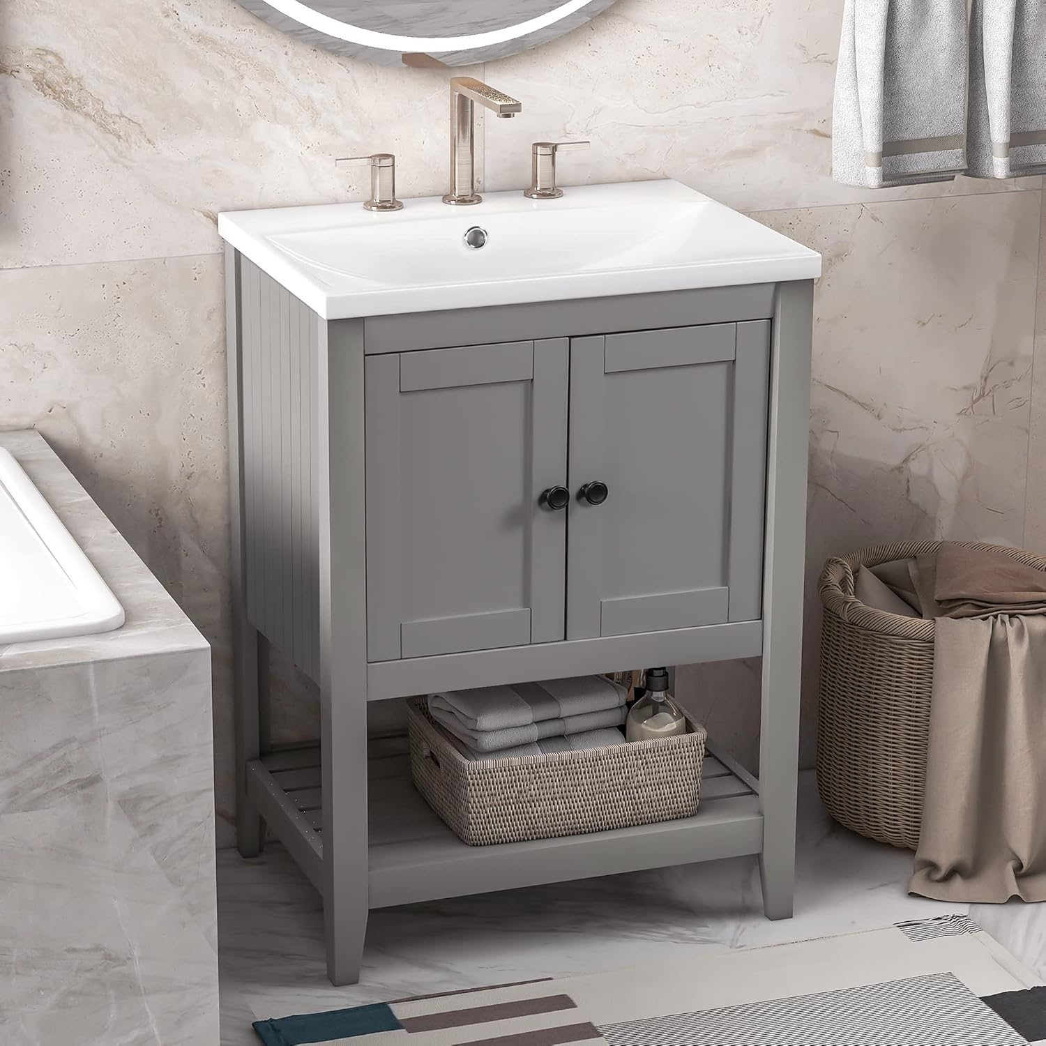 P PURLOVE 24" Bathroom Vanity with Sink, Bathroom Storage Cabinet with Doors and Open Shelf, Modern Wood Cabinet Basin Vessel Sink Set,Solid Wood Frame, Ceramic Sink, Gray