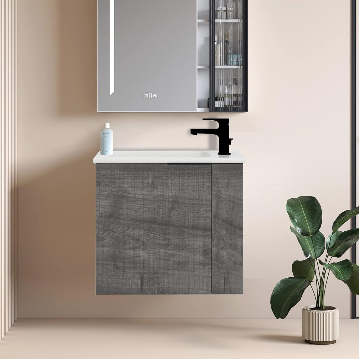 Pvillez 22 inch Bathroom Vanity with Sink Combo, Wall Mounted Bathroom Cabinet Set with Ceramic Sink & Soft Close Cabinet Door, Modern Floating Bathroom Vanity for Small Space, Plaid Grey Oak Finish