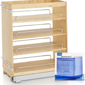 Rev-A-Shelf Pull Out Cabinet Organizer 448-BC-8C, 8-Inch Wood Base Kitchen Dish Organizer for Cabinet with 3 Adjustable Shelves for Storage and Organizing, Wholesalehome Installation Kit Included