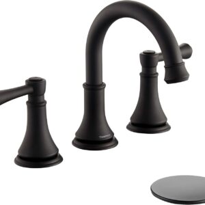 TimeArrow Matte Black 8 inch Widespread Bathroom Sink Faucet 3 Holes with Pop-Up Drain, 2 Handle Modern Bathroom\/Vanity\/Lavatory Faucet with Brass 360° Swivel Spout, TAF830Y-MB