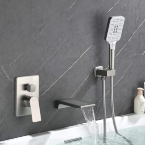 Wall Mounted Bathtub Faucet with Hand Sprayer Tub Faucet Shower Faucet Set with Waterfall Tub Spout Rough-in Valve Trim Kit Tub Filler Faucets Brushed Nickel