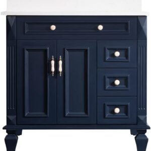 WELLFOR 36 inch Bathroom Vanity with Sink, Solid Wood Bathroom Makeup Cabinet W\/2 Doors and 3 Drawers, Bathroom Vanity Storage Organizer with Carrara White Marble Countertop and Sink Set, Navy Blue